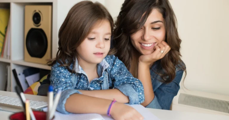 Mother and child learning together at home