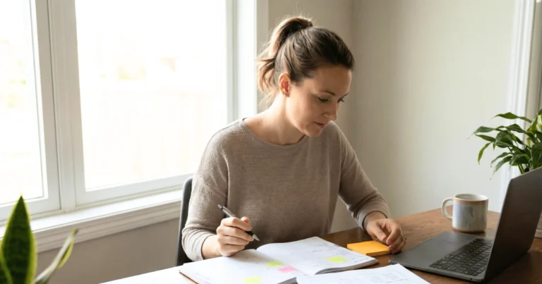 Parent organizing homeschool planning materials with planner and sticky notes at desk