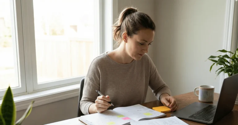 Parent organizing homeschool planning materials with planner and sticky notes at desk