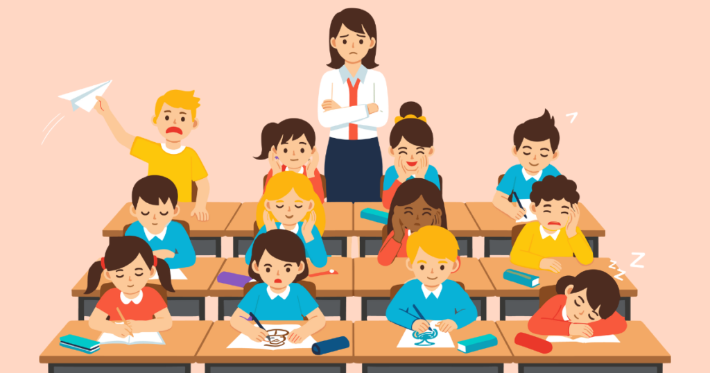 Classroom illustration showing students with different learning needs and engagement levels, representing academic dissatisfaction and the challenge of one-size-fits-all instruction