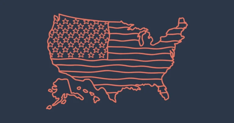 Coral outline illustration of the United States map with flag design on charcoal blue background representing U.S. homeschool laws