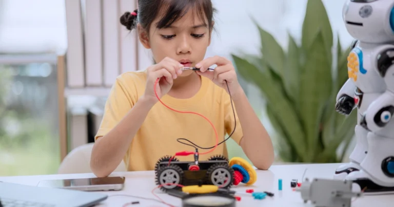 Child engaged in hands-on STEM learning during homeschool hours at home