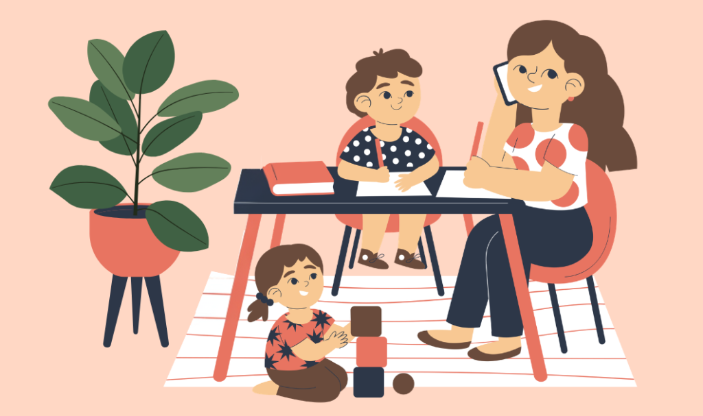 A mother working from home and taking a call while her child does schoolwork and a toddler plays nearby, depicting a flexible homeschool household.