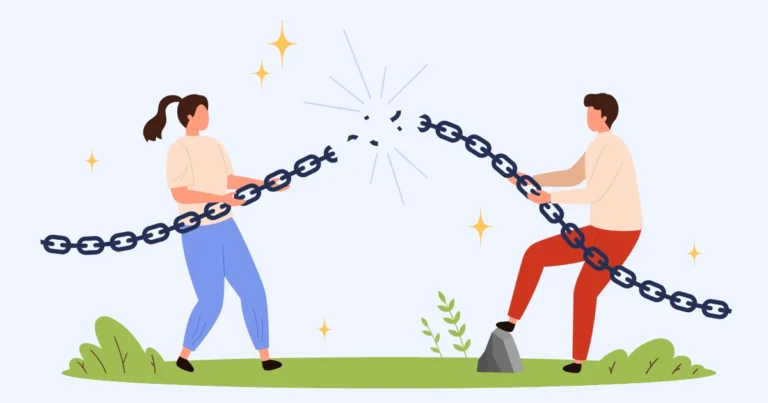 Child breaking free from a chain representing fixed peer group influence
