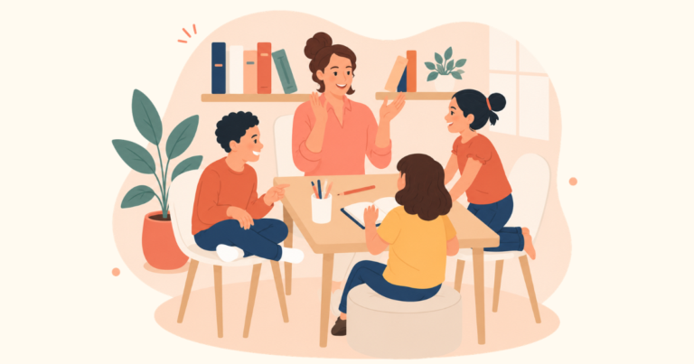 Illustrated homeschooling family spending quality time learning together at home