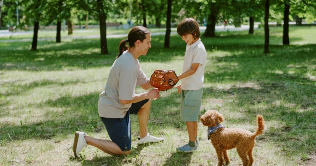 Parent and homeschooled only child spending time outdoors together in a park setting