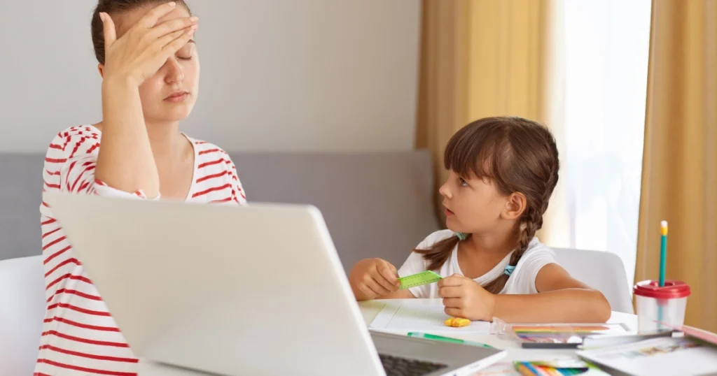 Parent feeling tired and overwhelmed while homeschooling daughter