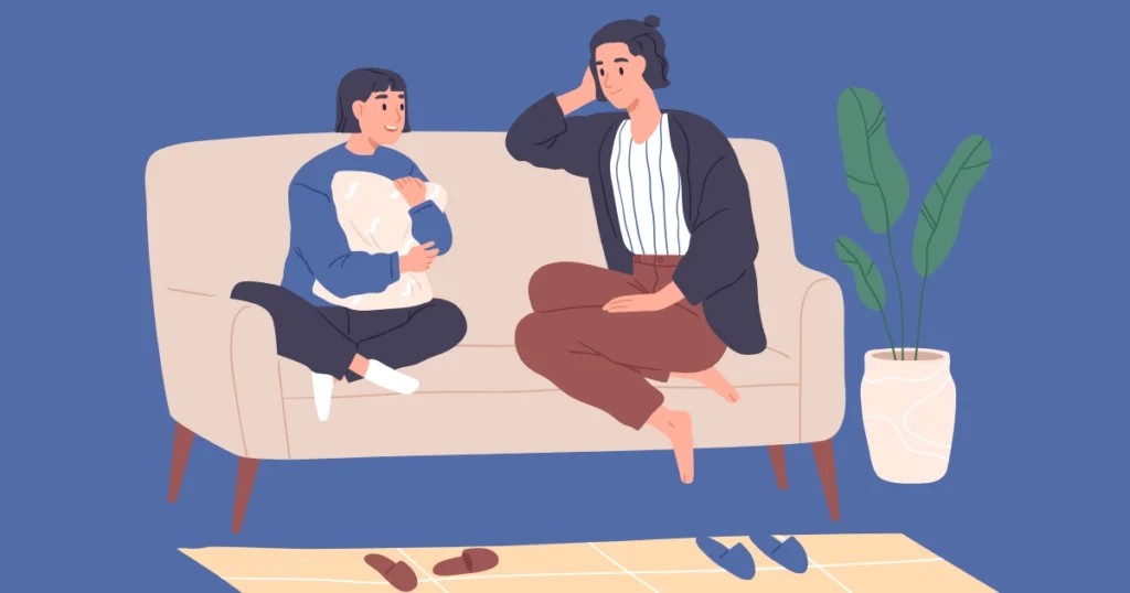 Illustration of a parent and child having a thoughtful conversation at home, representing homeschooling, family values, and parent-guided learning.