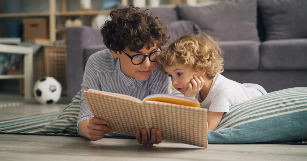 Parent and child learning together at home, representing intentional homeschooling and family involvement.