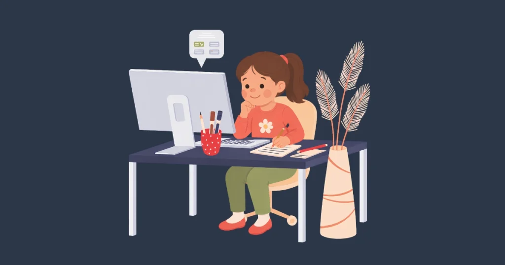 Illustration of an elementary school student using a structured homeschool curriculum on a computer while completing a lesson at home.