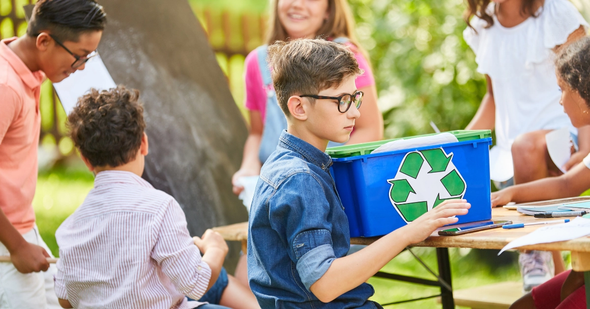 Children working together on a community recycling project, developing teamwork, responsibility, and practical life skills through hands-on learning.